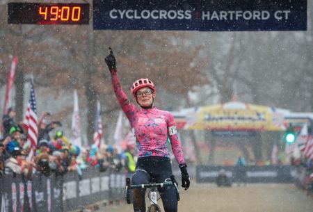 Clara Honsinger (EF Education-TIBCO-SVB) celebrates winning her third elite women's title at US Cyclocross National Championships