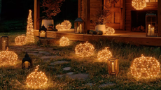 Halloween pumpkins made with woven rattan and string lights