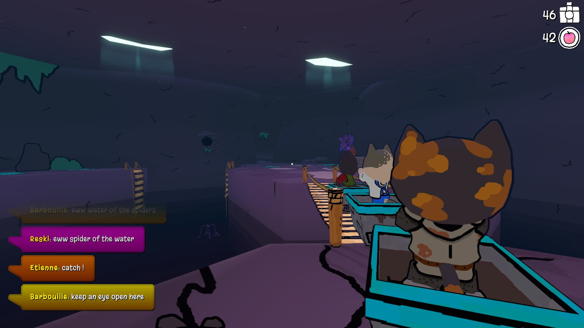 A train of cat characters in karts on a railway track go through a dungeon with their cameras at the ready in multiplayer indie game, Dungeon Tourists