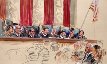 An artist's rendering shows Chief Justice John Roberts (center) on June 28, when the Supreme Court released its momentous ObamaCare decision.