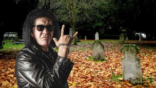 Gene Simmons throwing the horns, superimposed on a graveyard