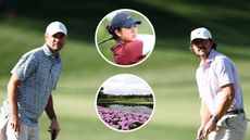 Main image of Wesley (left) and George Bryan (right) leaning in and looking towards the camera with inset images of Anna Huang (upper middle) and the Genesis Championship host course (lower middle)