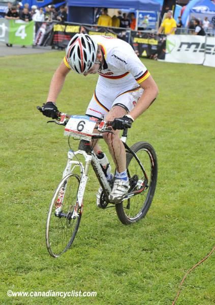 Christian Pf&auml;ffle rode almost half a lap on the rim to reach the tech zone; he was in fifth when it happened and finished 14th