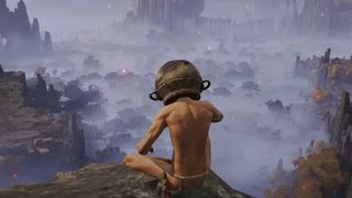 naked man with pot on head sitting on cliff