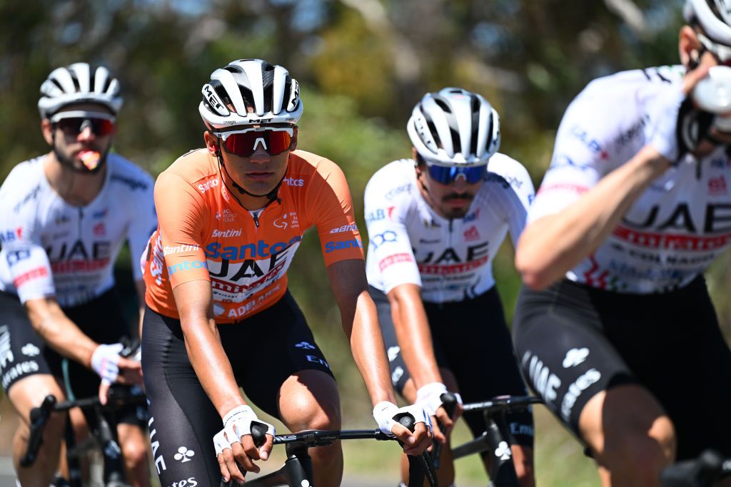 Isaac Del Toro with his UAE Team Emirates teammates at the Tour Down Under 