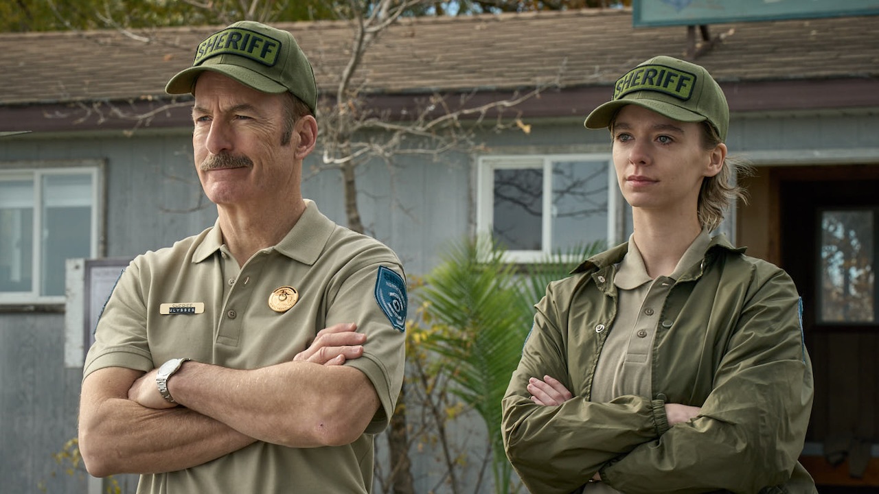 Bob Odenkirk and Jess McLeod in sheriff's hats in Normal