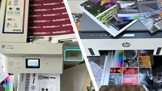 The Epson EcoTank ET-4950 and HP Smart Tank 7001 during our tests, surrounded by TechRadar pro-branded documents, text, and photos