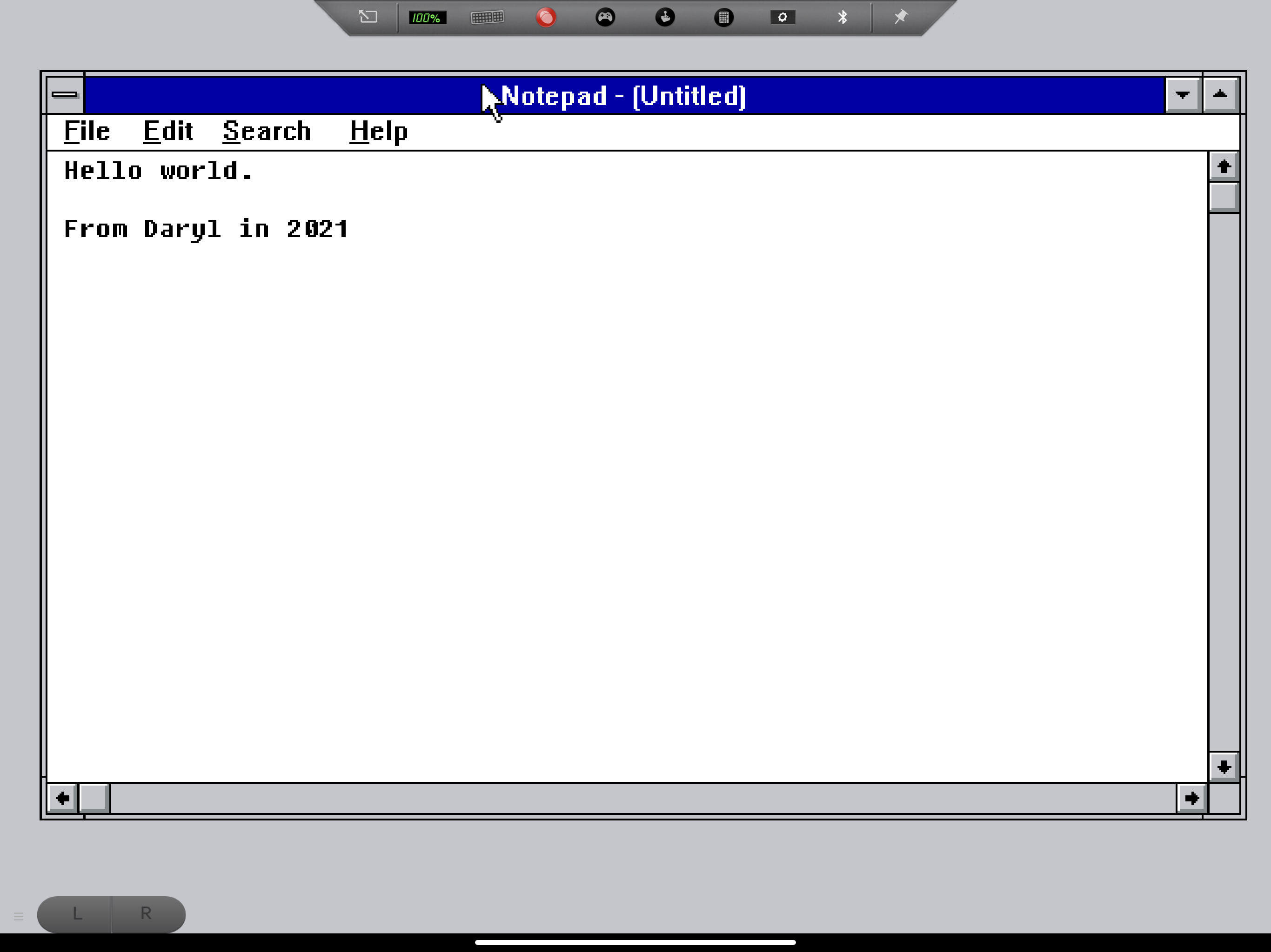 Notepad running on Windows 3.1, within an iPad Pro