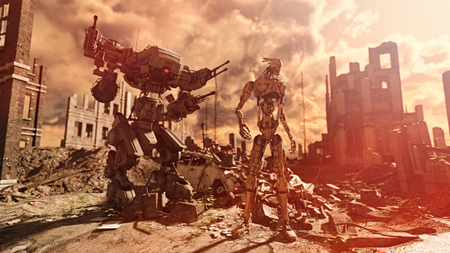 AI robots in a post-apocalyptic landscape