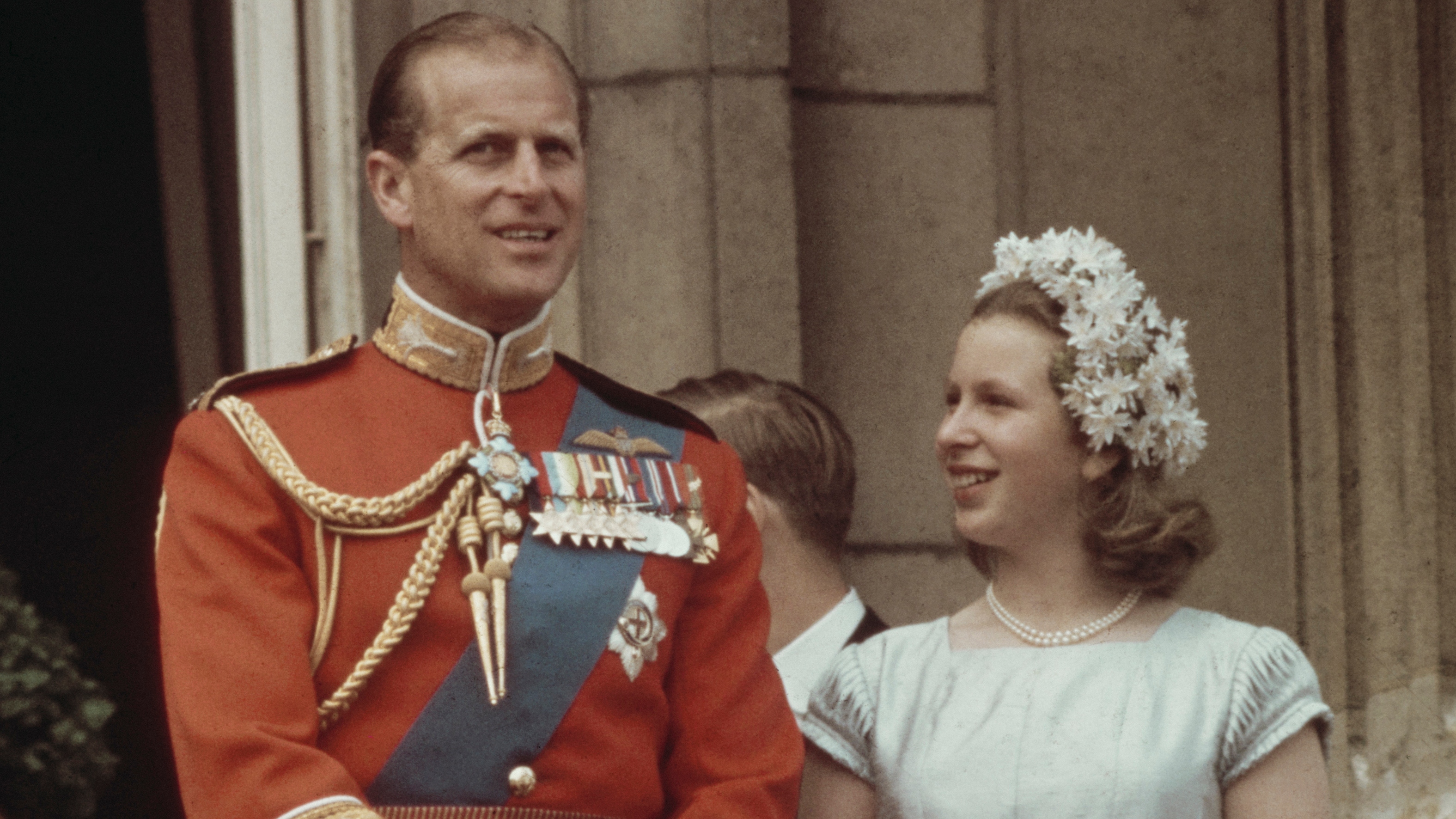 Prince Philip wearing the uniform of the Colonel of the Grenadier Guards, alongside his daughter, Princess Anne