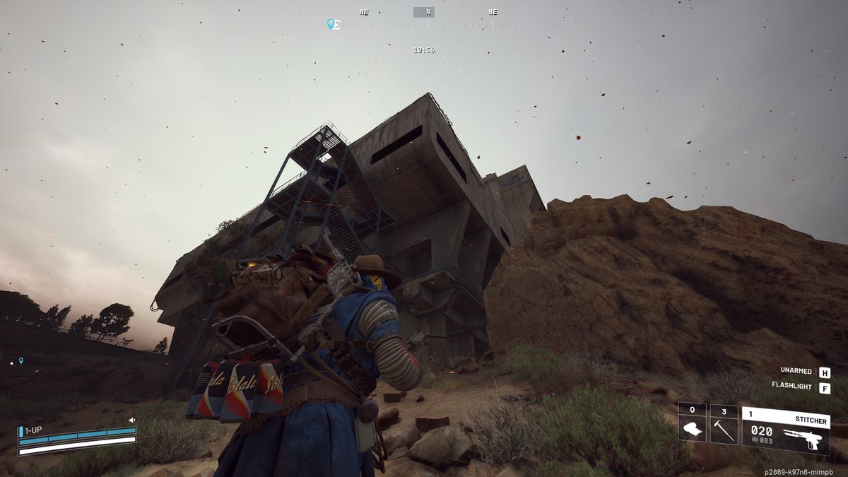 Arc Raiders Sentinel locations: A player looking up at the concrete R&amp;D building on Dam Battlegrounds from beneath the blue exterior staircase.