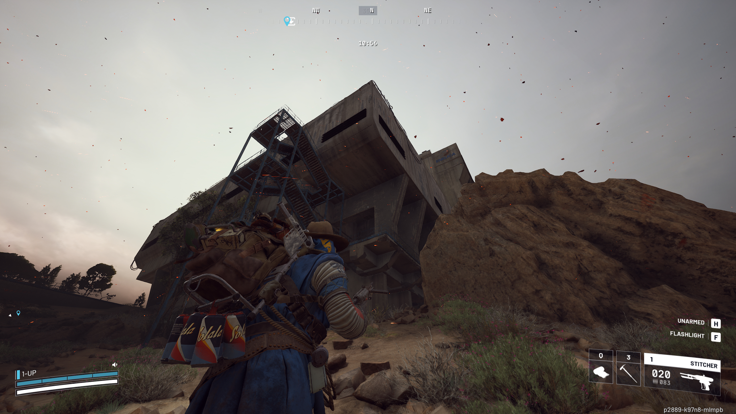 Arc Raiders Sentinel locations: A player looking up at the concrete R&D building on Dam Battlegrounds from beneath the blue exterior staircase.