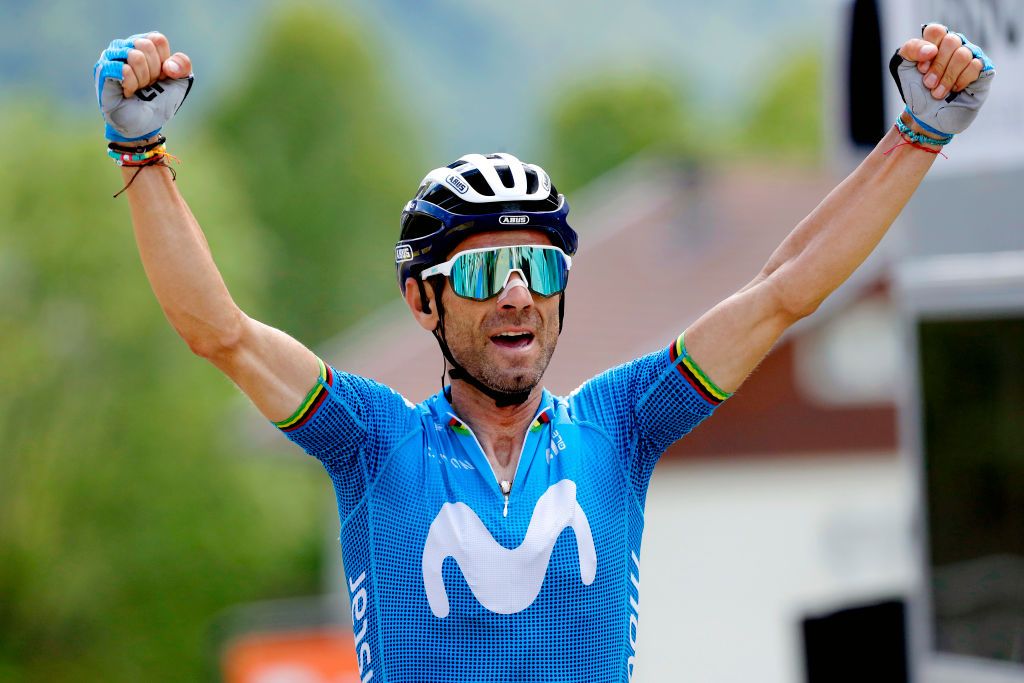 LE SAPPEYENCHARTREUSE FRANCE JUNE 04 Alejandro Valverde Belmonte of Spain and Movistar Team stage winner celebrates at arrival during the 73rd Critrium du Dauphin 2021 Stage 6 a 1672km stage from LoriolsurDrome to Le SappeyenChartreuse 1003m UCIworldtour Dauphin dauphine on June 04 2021 in Le SappeyenChartreuse France Photo by Bas CzerwinskiGetty Images