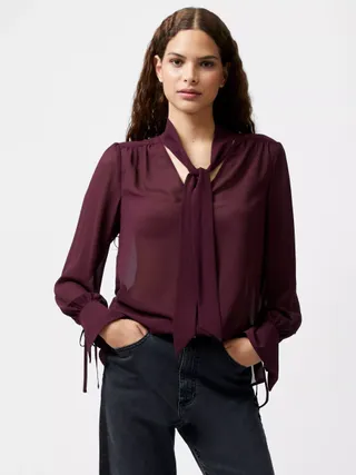 French Connection Eden Tie Neck Top, Burgundy