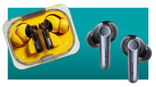 Nothing EarFun (a) and EarFun Air Pro 4 earbuds on a blue background