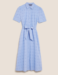 Pure Cotton Broderie Midi Shirt Dress: