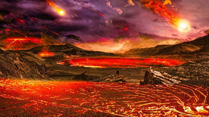 An artist impression of what proto-Earth looked like. We see lakes of bubbling lava and volcanoes erupting.
