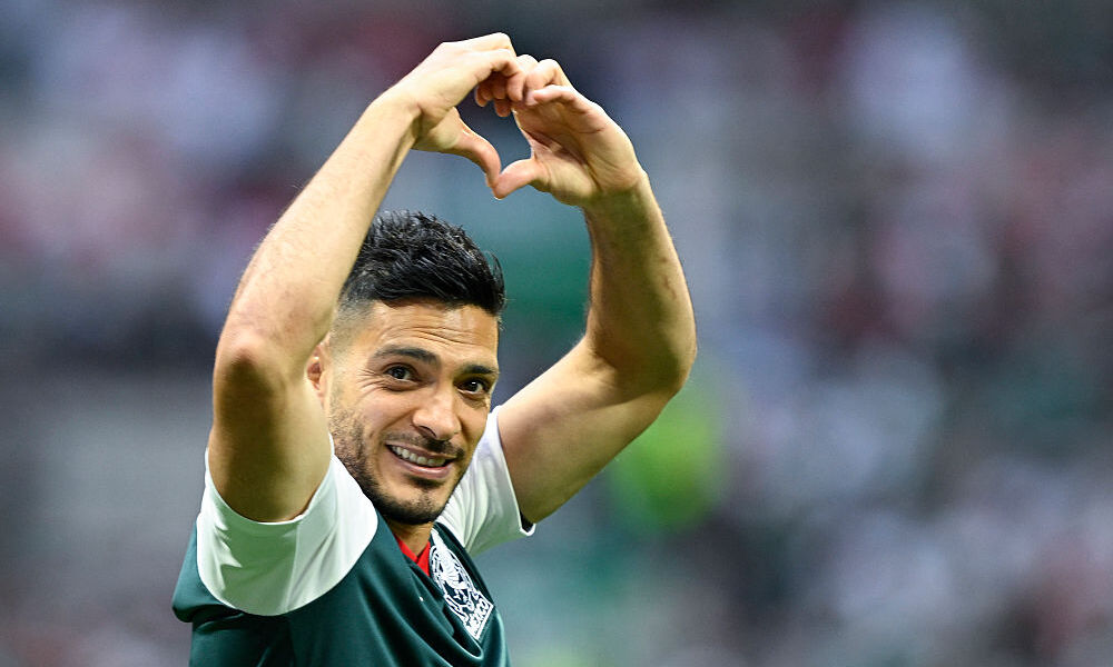 Mexico's forward Raul Jimenez makes a heart with his hands as he warms up ahead of the 2026 World Cup Group A football match between the Czech Republic and Mexico. 
