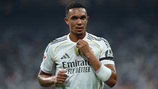 Real Madrid's English defender #12 Trent Alexander-Arnold is seen during the Spanish league football match between Real Madrid CF and CA Osasuna at Santiago Bernabeu Stadium in Madrid on August 19, 2025.
