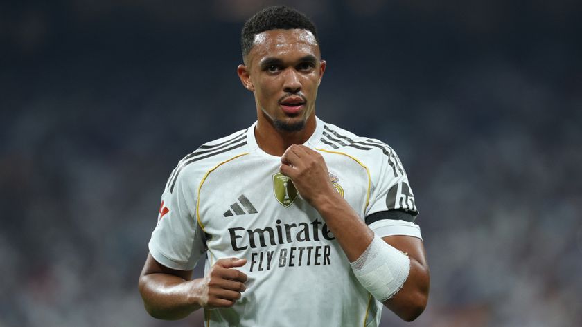 Real Madrid&#039;s English defender #12 Trent Alexander-Arnold is seen during the Spanish league football match between Real Madrid CF and CA Osasuna at Santiago Bernabeu Stadium in Madrid on August 19, 2025.