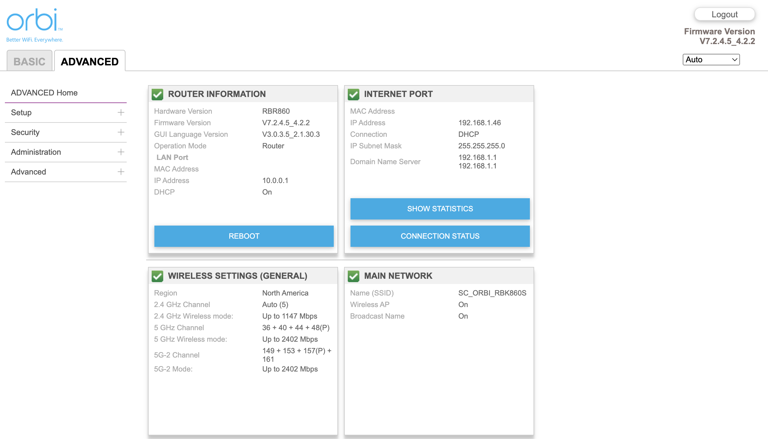 Netgear Orbi RBR860S review screenshots of web settings