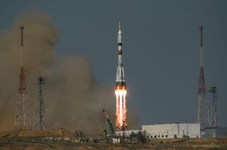 Russia’s Soyuz MS-18 spacecraft, the "Yu.A. Gagarin," launches for the International Space Station from Site 31/6 at the Baikonur Cosmodrome in Kazakhstan, on April 9, 2021.