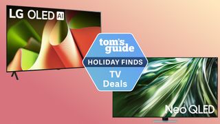 The LG B4 OLED and the Samsung QN90D Neo QLED placed against a colored background next to a badge that reads: "Tom's Guide - Holiday Finds TV Deals"