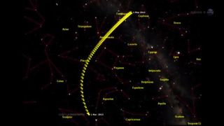 This graphic depicts the path of comet Pan-STARRS across the night sky from March to May in 2013.