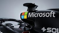 The Microsoft logo on the 2026 Mercedes-AMG F1 car. 