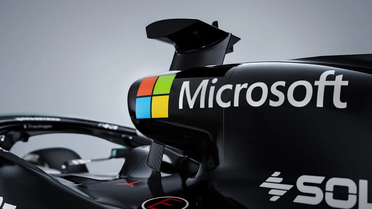 The Microsoft logo on the 2026 Mercedes-AMG F1 car. 