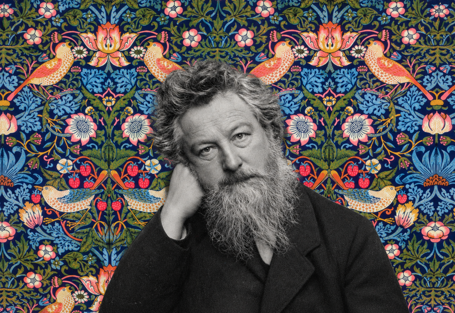 A cut out, black-and-white photograph of William Morris on a William Morris-print background of colourful flowers