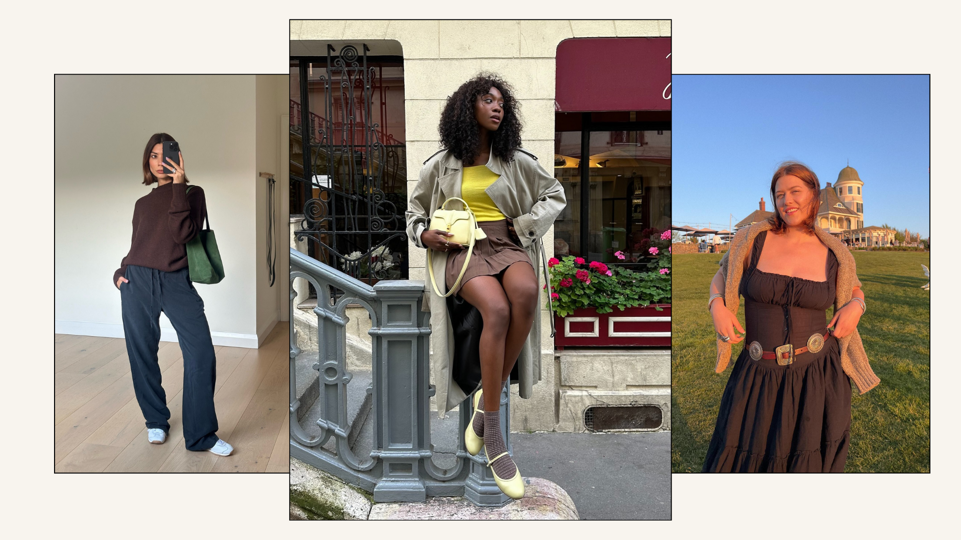 Three stylish women wearing brown outfits 