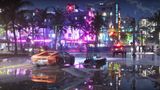 GTA 6 screenshot shows a sports car parked on a street at night, looking at an illuminated row of buildings.
