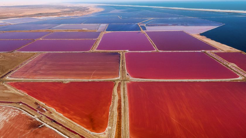 Aerial view of salt evaporation ponds in Walvis Bay, Namibia.