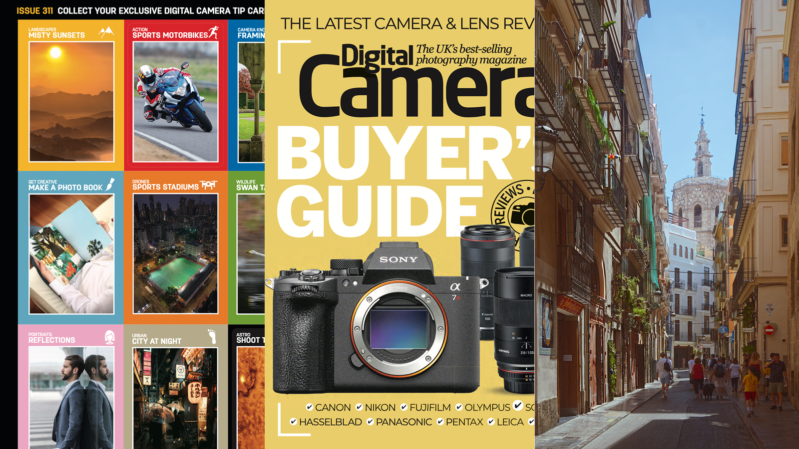 Montage of images teasing the contents of the digital download of issue 311 (September 2026) of Digital Camera magazine: tips cards, a camera buyer's guide and a start file for an editing tutorial
