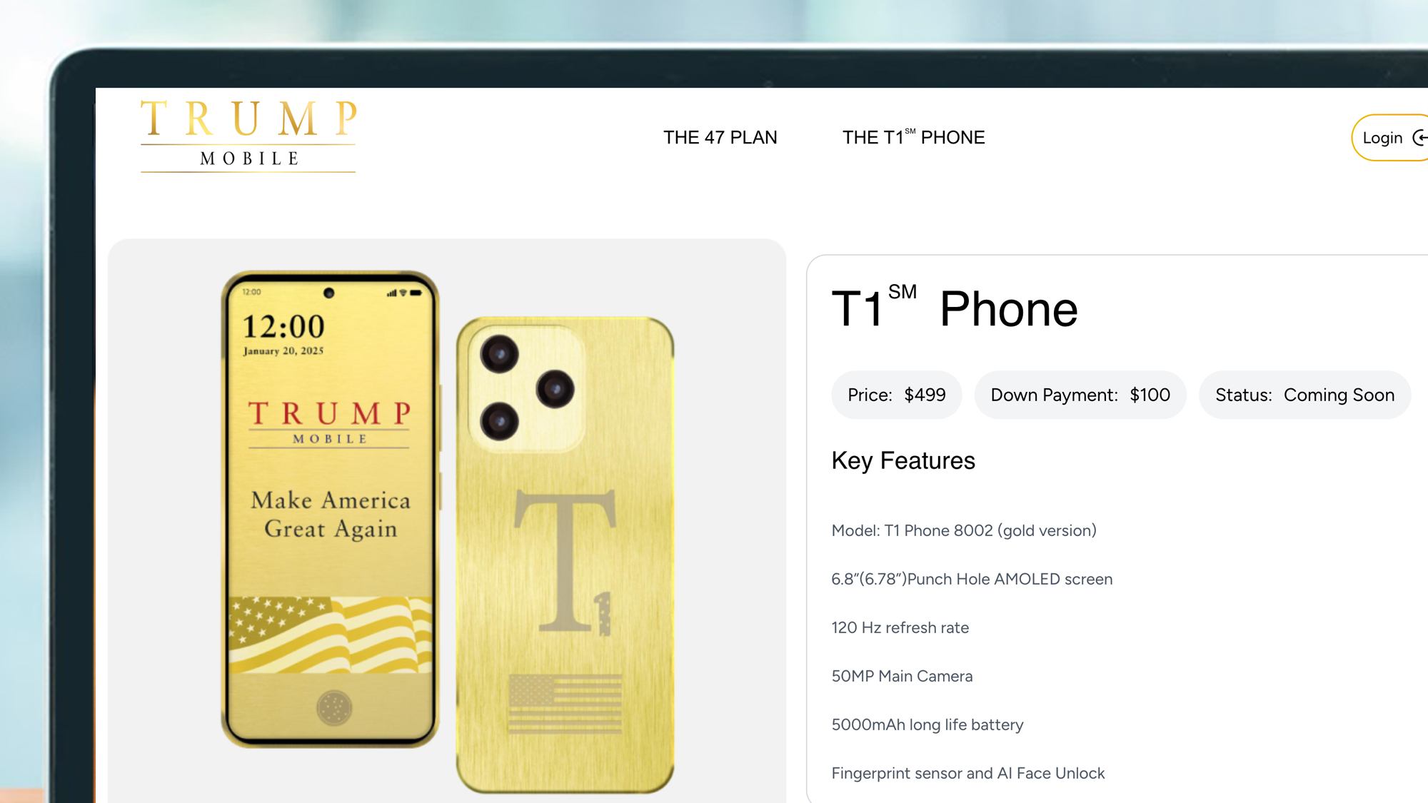 A laptop screen showing the specs page for the Trump T1 Phone