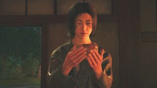 Assassin's Creed Shadows Otama Wakasa choice - Naoe holding a bowl of tea up to her face, ready to drink.