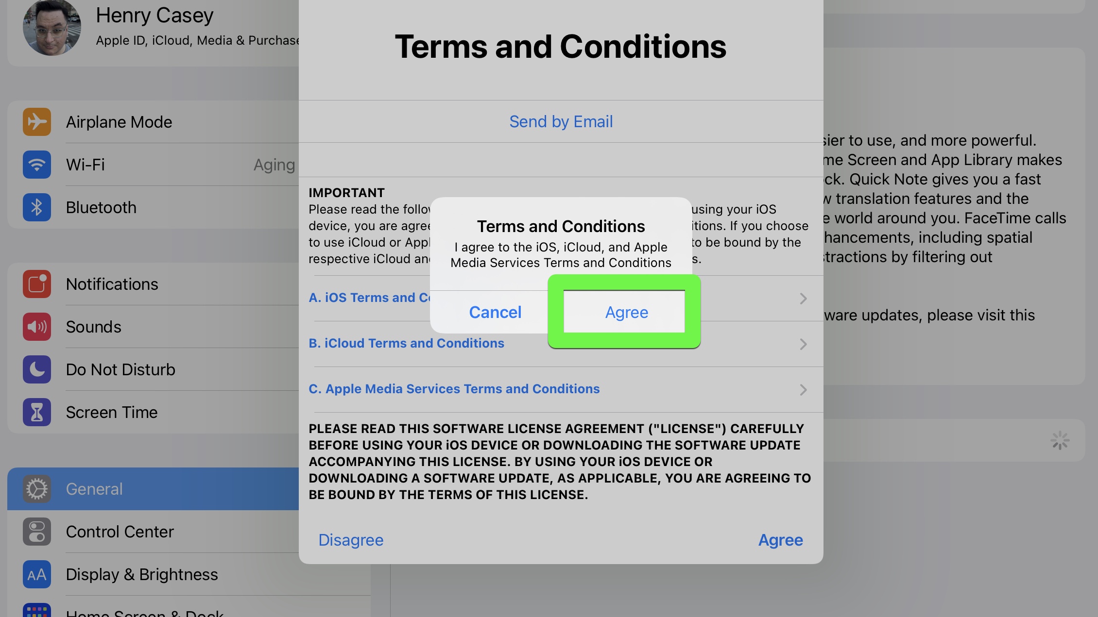 Agree in a Terms and Conditions prompt is highlighted