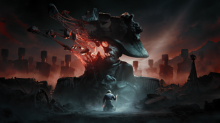 Key art for Valor Mortis shows a man kneeling before a large bust of Napoleon