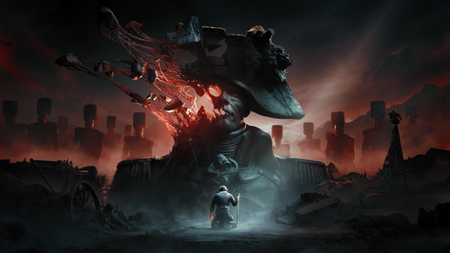 Key art for Valor Mortis shows a man kneeling before a large bust of Napoleon