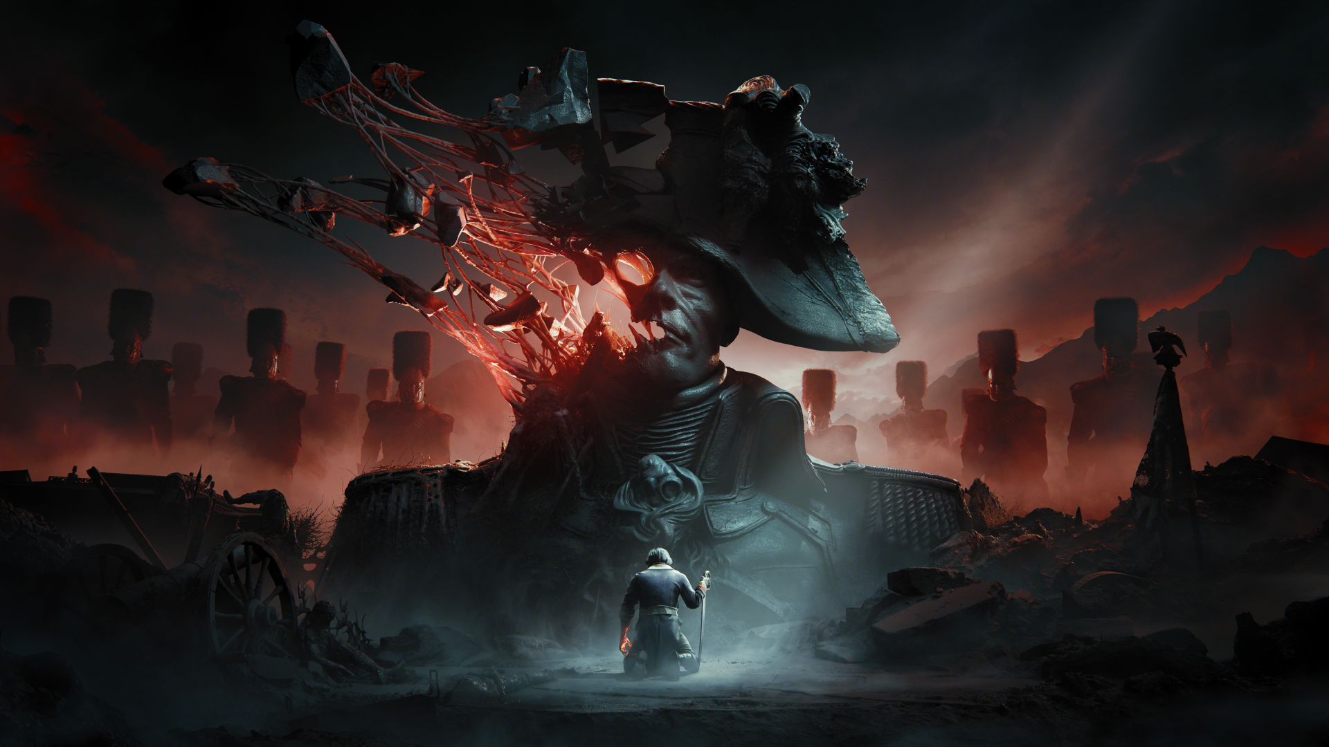 Key art for Valor Mortis shows a man kneeling before a large bust of Napoleon