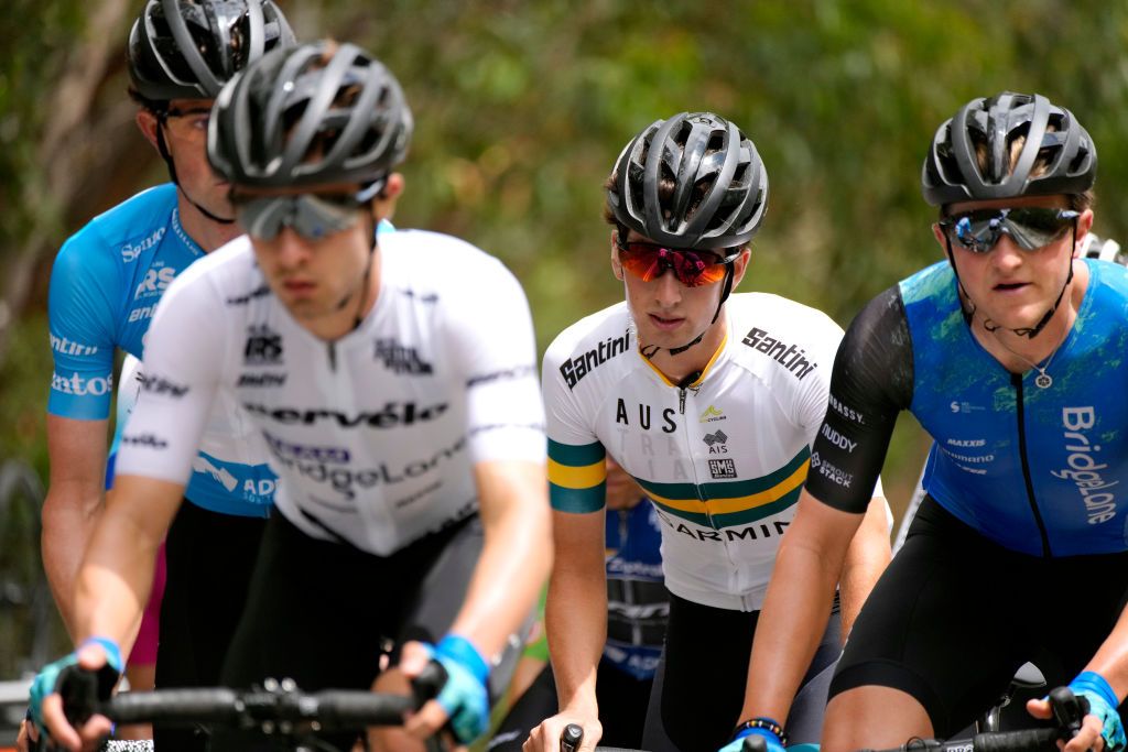 WOODSIDE AUSTRALIA JANUARY 28 Dylan George of Australia and Team Garmin Australia competes during the 2nd Santos Festival Of Cycling 2022 Mens Elite Stage 2 a 1129km stage from Mount Lofty to Onkaparinga Valley Road Woodside TourDownUnder on January 28 2022 in Woodside Australia Photo by Daniel KaliszGetty Images