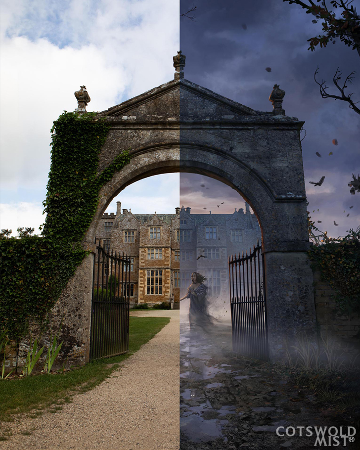 Cotswold Mist; a photo of a manor house gate side by side with an illustration