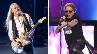 Left-Guitarist Jerry Cantrell of Alice in Chains performs at Shoreline Amphitheatre on September 04, 2019 in Mountain View, California; Right-Axl Rose of Guns N' Roses performs as the band headline the Pyramid Stage at Day 4 of Glastonbury Festival 2023 on June 24, 2023 in Glastonbury, England