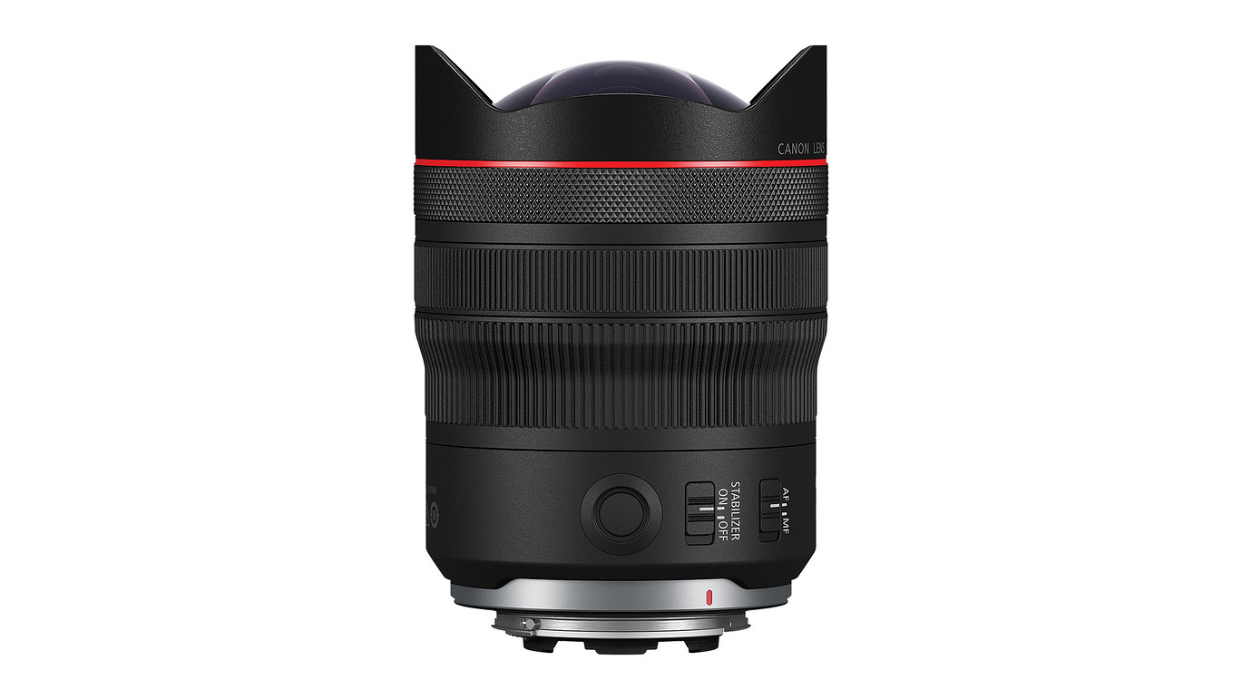 Canon RF 10-20mm F4 L IS STM lens on a white background