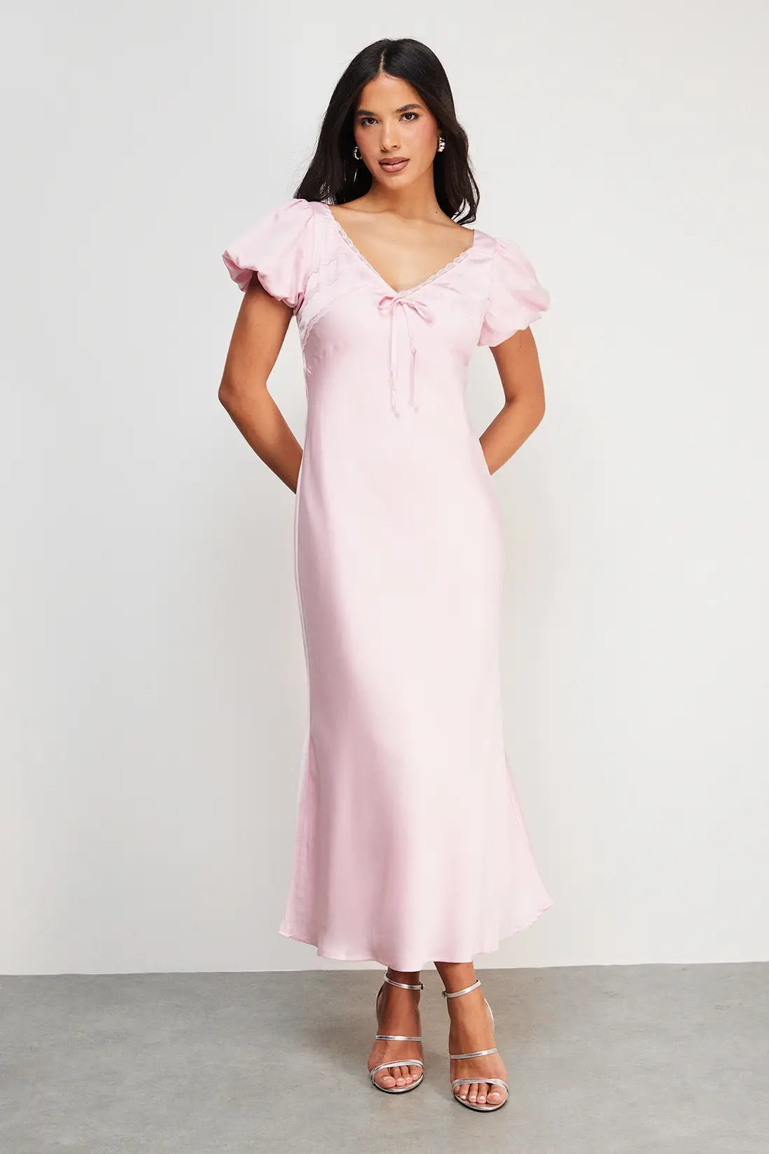 Warehouse, Satin Lace Insert Puff Sleeve Midi Tea Dress