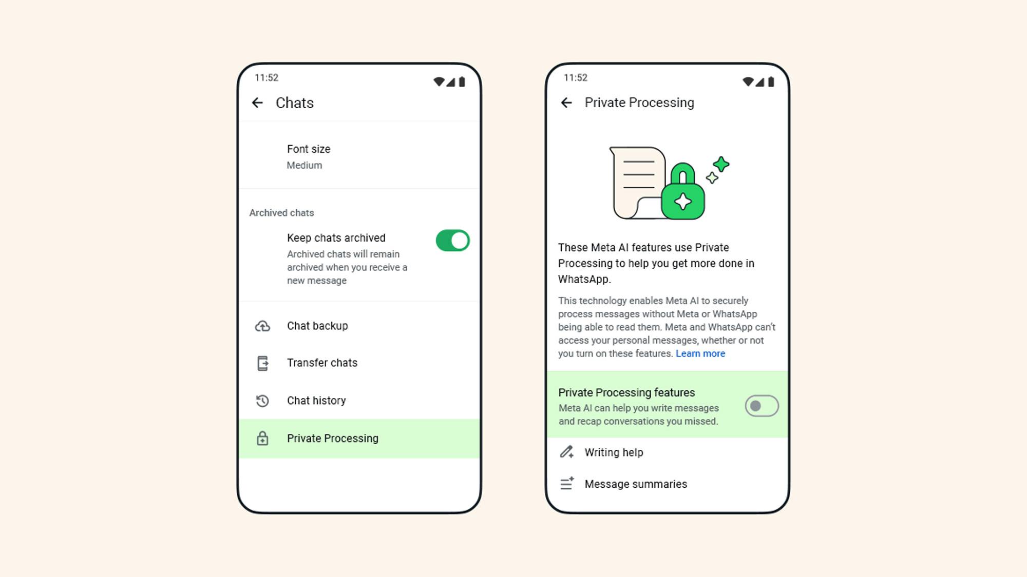 Illustration showing how to enable Private Processing on WhatsApp