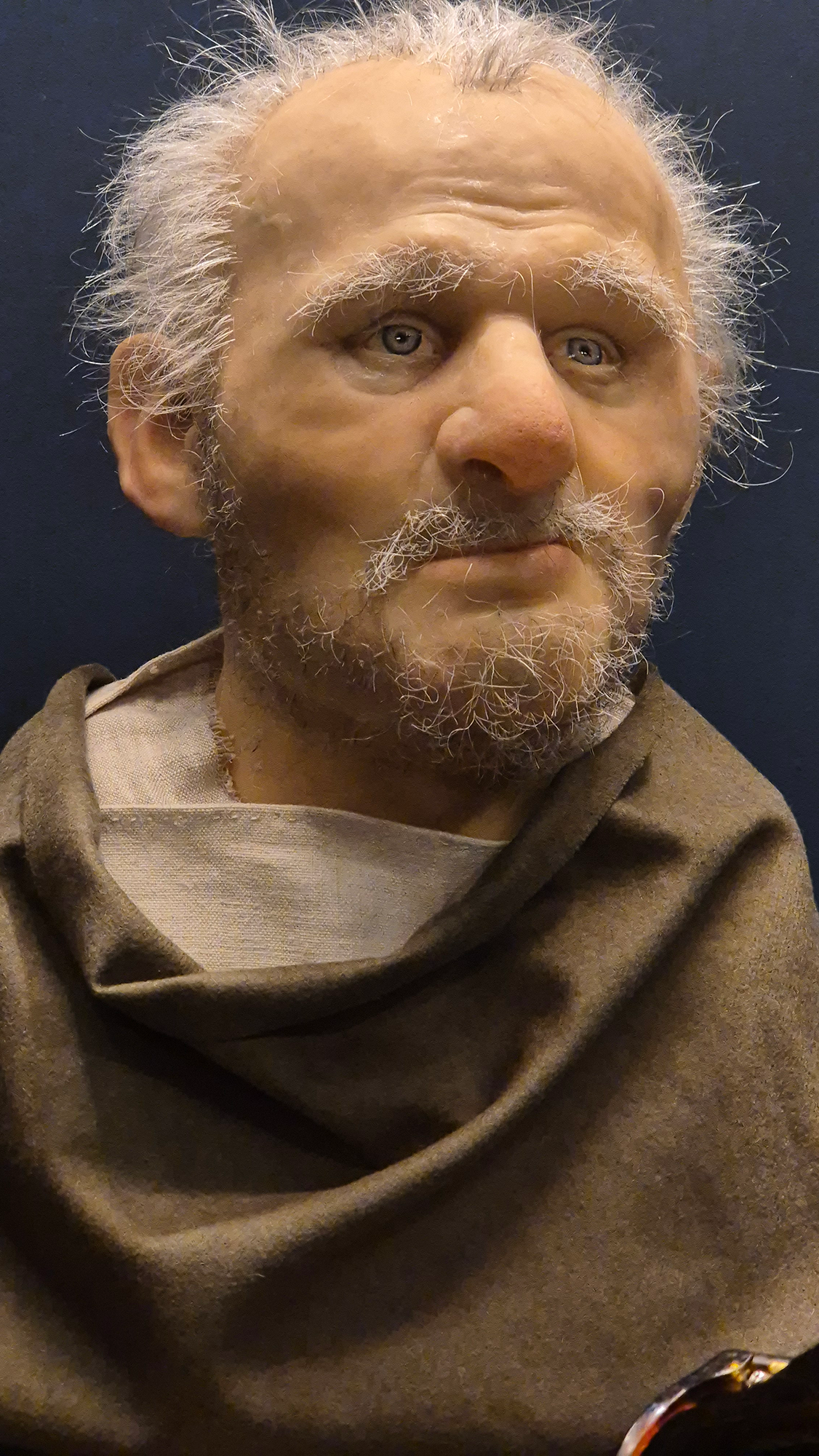 A facial reconstruction of a man with gray hair and a beard wearing brown clothes