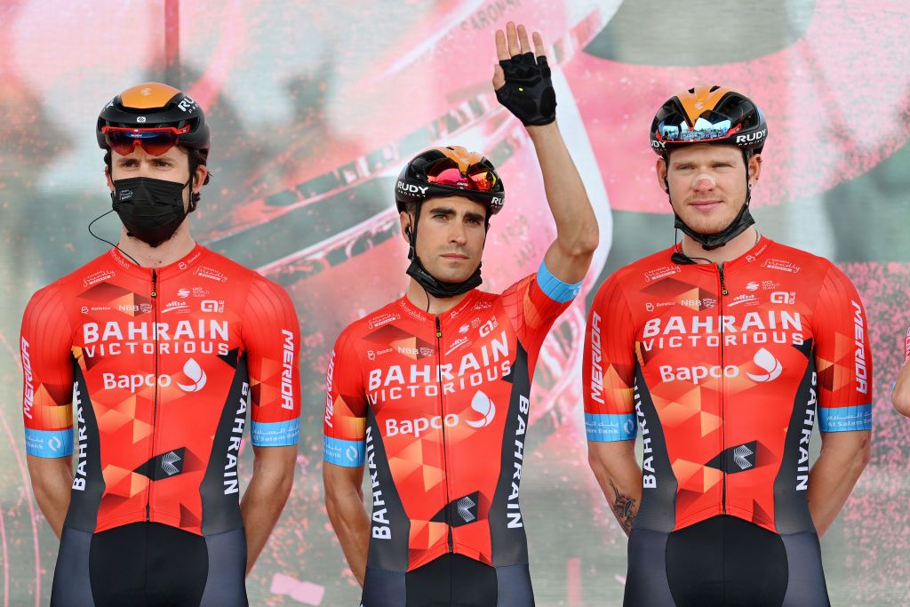 VISEGRAD HUNGARY MAY 06 Mikel Landa Meana of Spain and Team Bahrain Victorious C with teammates during the team presentation prior to the 105th Giro dItalia 2022 Stage 1 a 195km stage from Budapest to Visegrd 337m Giro WorldTour on May 06 2022 in Visegrad Hungary Photo by Stuart FranklinGetty Images