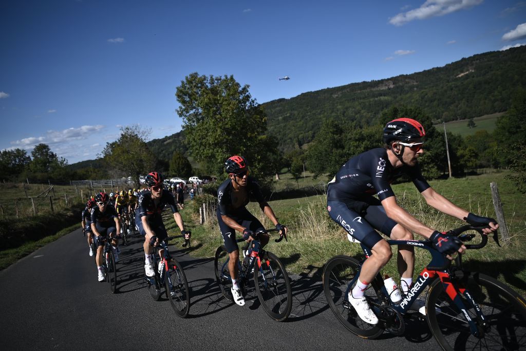 Team Ineos Grenadiers riders lead the pack during the 13th stage of the 107th edition of the Tour de France cycling race 191 km between ChatelGuyon and Puy Mary on September 11 2020 Photo by Marco BERTORELLO AFP Photo by MARCO BERTORELLOAFP via Getty Images